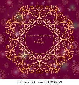 Template  greeting card design decorated with shiny pattern in oriental style. Golden Eastern mandala decor, frame for holiday design. Easily editable vector illustration