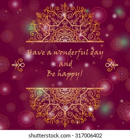 Template  greeting card design decorated with shiny pattern in oriental style. Golden Eastern mandala decor, frame for holiday design. Easily editable vector illustration