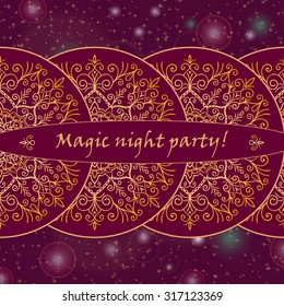 Template  greeting card design decorated with shiny pattern in oriental style. Golden Eastern mandala decor, frame for holiday design. Easily editable vector illustration