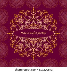 Template greeting card design decorated with shiny pattern in oriental style. Golden Eastern mandala decor, frame for holiday design. Easily editable vector illustration