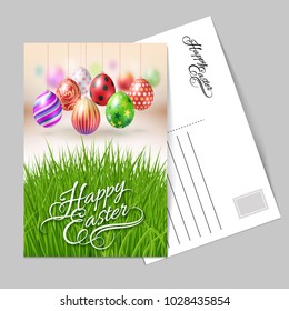 Template Greeting Card with Eggs on a String. Lettering, calligraphy. Handwriting inscription Happy Easter for the Organization of Festive Season
