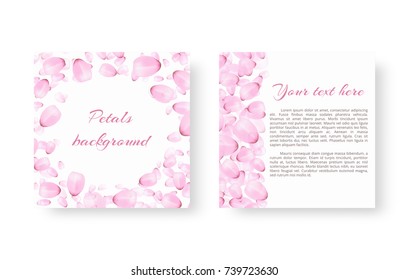 Template greeting card with falling cherry petals on a white background