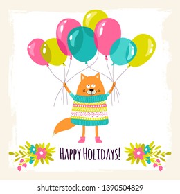 Tarjeta de felicitación de Plantilla con zorro. ¡Felices Días festivos!