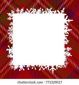 template greeting card with frame of snowflakes. tartan pattern. Pattern in a cell. Red background with blue, white, yellow, green, black and red stripes. Royal Stewart tartan