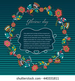 Template greeting card. glorious day,  made of flowers ,herbs, leaves  Doodle