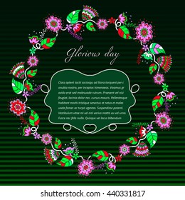 Template greeting card. glorious day,  made of flowers ,herbs, leaves  Doodle