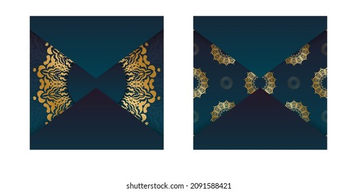 Template Greeting card with gradient blue color with abstract gold pattern for your design.