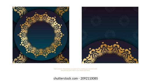 Template Greeting card with a gradient of blue color with a gold ornament mandala for your design.