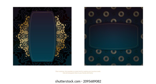 Plantilla Tarjeta de felicitación con un degradado de color azul con una mandala dorada para su marca.