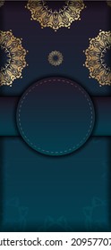 Template Greeting card with gradient blue color with abstract gold ornament for your brand.
