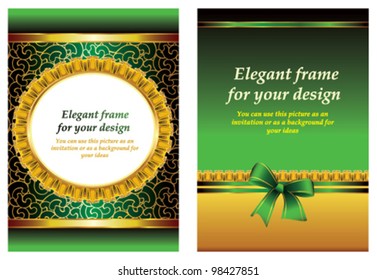 Template for greeting card  with a green ornate background, golden ribbons and bow.