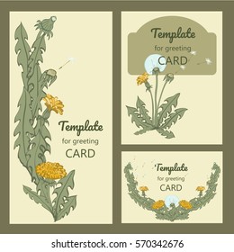 Template for greeting card with hand drawn taraxacum.