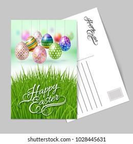 Template Greeting Card with Hanging Easter Eggs with Different Ornaments. Easter Background to Celebrate the Festive Season