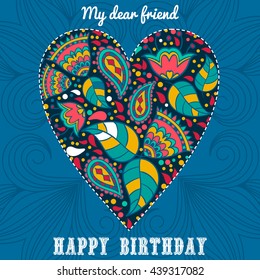 
Template greeting card. happy Birthday, Flowers in heart shape. Heart made of flowers ,herbs, leaves  Doodle Heart.
