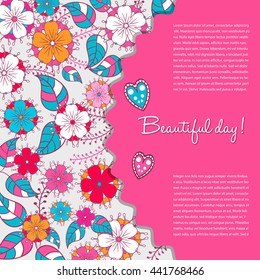 Template greeting card. happy Birthday,  made of flowers ,herbs, leaves  Doodle. nice day  