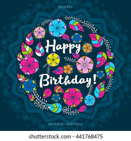 Template greeting card. happy Birthday,  made of flowers ,herbs, leaves  Doodle. and element mandala, elements around.