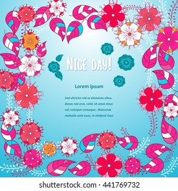 Template greeting card. happy Birthday,  made of flowers ,herbs, leaves  Doodle. nice day  