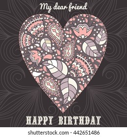 Template greeting card. happy Birthday, Flowers in heart shape. Heart made of flowers ,herbs, leaves Doodle Heart.
