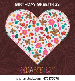 Template greeting card. happy Birthday, Flowers in heart shape. 