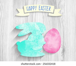 template greeting card Happy Easter with watercolor rabbit and egg with shadow on a wooden background