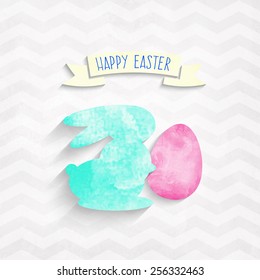 template greeting card Happy Easter with watercolor rabbit and egg with shadow on a zizzag background