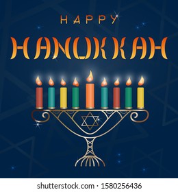 Template greeting card Happy Hanukkah. Colorful lighted candles on a chandelier made of metal. Star of David on a dark blue background.