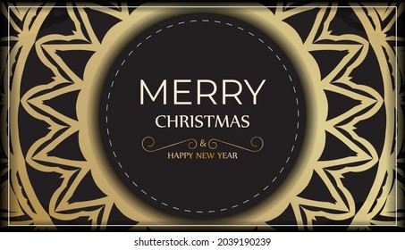 Template Greeting card Happy New Year and Merry Christmas in black color with gold pattern.