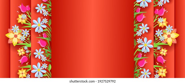 plantilla para una tarjeta de saludo con un primavera feliz o feliz cumpleaños. Un fondo rojo intenso en el que predominan las flores silvestres y la vegetación de tonos agradables. Puede escribir cualquier texto en la tarjeta