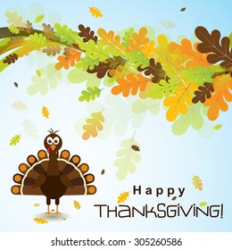 Template greeting card with a happy Thanksgiving turkey, vector illustration