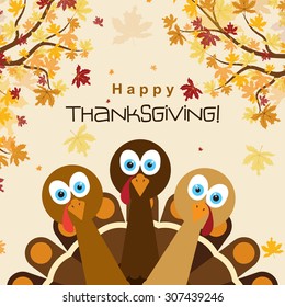 Template greeting card with a happy Thanksgiving turkey, vector illustration