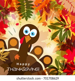 Template greeting card with a happy Thanksgiving turkey, vector illustration