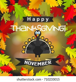 Template greeting card with a happy Thanksgiving turkey, vector illustration