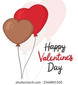 Template of greeting card with heart-shaped balloons in red and brown float together with thin strings, accompanied by the cheerful message "Happy Valentine's Day" in playful black and red script.