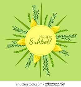 Template greeting card holiday Sukkot with palm leaves, lemon and circle frame. Feast of Tabernacles or Festival of Ingathering. Traditional jewish religious symbols: etrog, lulav, hadas, arava