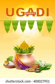 Template greeting card for holiday Ugadi. Gold pot. Illustration in vector format