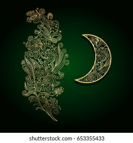 Template greeting card, holy month Ramadan. Green background with golden ornamental moon and oriental hand drawn element. Vector illustration EPS10.