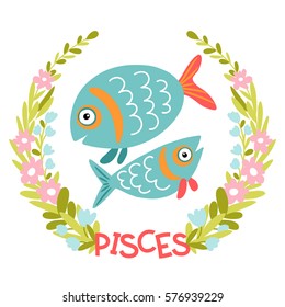 Template greeting card or illustration with Zodiac sign. Pisces