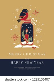 Template greeting card with image of bullfinch; decorative candlestick with candle; snowflakes. Decorative holiday composition for New Year and Christmas. Happy winter holidays. Vector illustration.