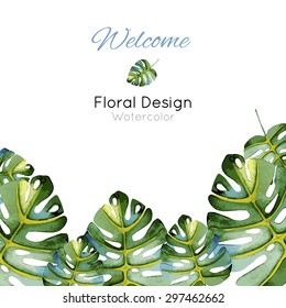 Template greeting card with the image of decorative leaves, watercolor