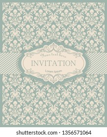 Template greeting card, invitation and advertising banner, brochure with frame. Vintage Invitation or wedding card with damask pattern 