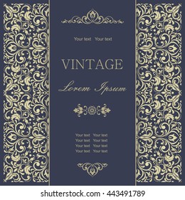 Template greeting card, invitation and advertising banner, brochure with space for text. Vintage Invitation or wedding card with damask pattern and elegant floral elements in dark blue and gold
