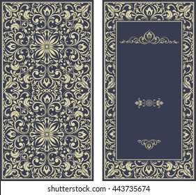 Template greeting card, invitation and advertising banner, brochure with space for text. Vintage Invitation or wedding card with damask pattern and elegant floral elements in dark blue and gold