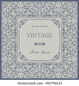 Template greeting card, invitation and advertising banner, brochure with space for text. Vintage Invitation or wedding card with damask pattern and elegant floral elements in blue and gray