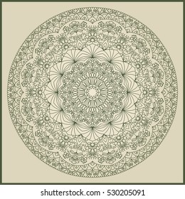 Template greeting card, invitation and advertising banner, brochure with floral hand drawn Mandala. Round openwork floral ornament  Traditional Oriental pattern, vector illustration