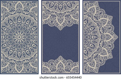 Template greeting card, invitation and advertising banner, brochure with space for text. Vintage Invitation or wedding card with mandala pattern and elegant floral elements in dark blue and grey.