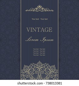 Template greeting card, invitation and advertising banner, brochure with space for text. Vintage Invitation or wedding card with mandala pattern and elegant floral elements in dark blue and gold