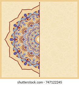 Template greeting card, invitation and advertising banner, brochure with floral hand drawn Mandala. Round colorful floral ornament Traditional Oriental pattern, vector illustration.