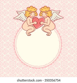 Template greeting card or invitation with angels. Valentine's Day.