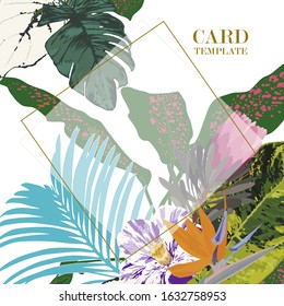 Template greeting card, invitation, banner. Square golden contour with tropical leaves and exotic flowers.Vector botanical illustration.Abstract background texture. 