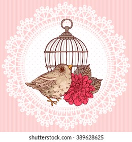 Template greeting card or invitation with bird in birdcage. Freehand drawing